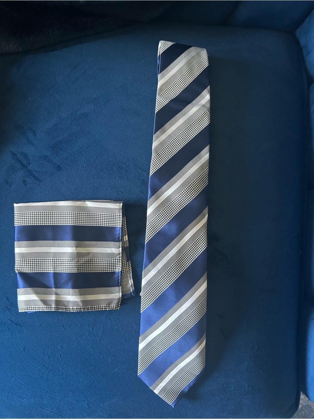 Classic Blue & Silver Striped Men's Tie and Pocket Square Set